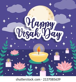 Happy Vesak Day Greeting Card, Budhaism Celebration. Vector Illustration