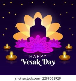 happy vesak day, greeting card and poster design for vesak day. Vesak Day is a holy day for Buddhists. silhouette  buddha statue and lotus flower