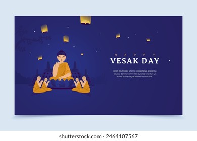 Tarjeta de felicitación del día de Vesak feliz, diseño del Anuncio de un día sagrado para los festivales budistas. Feliz día de Buda con la estatua de Siddhartha Gautama y la adoración de monjes budistas en meditación, Ilustración vectorial