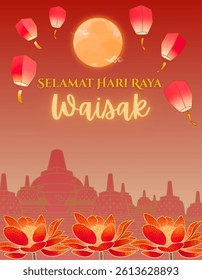 Happy Vesak day greeting card with temple, lotus flower, lanterns on red background. In Indonesia, it means Waisak. ( original illustration, not AI-generated )