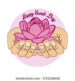Happy vesak day with Hands holding beautiful pink lotus