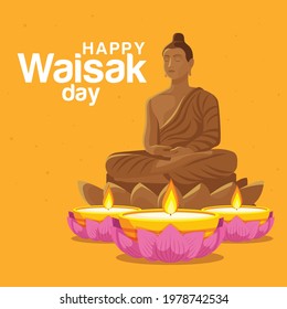 Happy Vesak Day holiday, Buddha sitting on candle lotus flower, Buddhism tradition Vesak Day. Birthday, enlightenment and death of Buddha, religion and culture. illustration vector