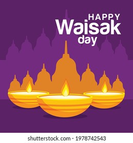 Happy Vesak Day holiday, candle lotus flower and temple, Buddhism tradition Vesak Day. Birthday, enlightenment and death of Buddha, religion and culture. illustration vector