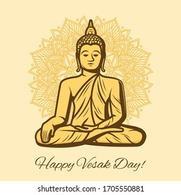 Happy Vesak Day holiday vector. Buddha sitting on lotus flower with decorated petals. Buddhism tradition Vesak Day. Birthday, enlightenment and death of Buddha, religion and culture