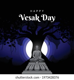 Happy Vesak Day Illustration with blue background, buddha sitting under a tree