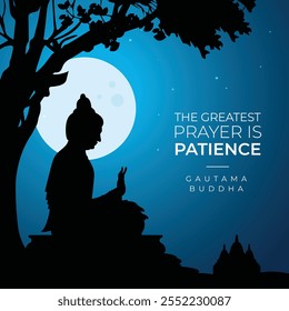 Happy Vesak Day, Illustration eines Buddha in Meditation sitzt unter Bodhi Baum, Buddha Purnima kreatives Konzept, Buddha Jayanti Social Media Poster, Banner, Grußkarte Design Vorlage