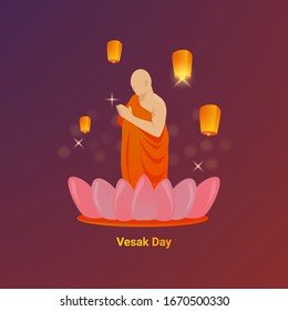 Happy Vesak day illustration for greeting post, Buddhist monks stood with lanterns around them