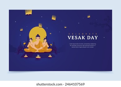 Happy Vesak day with illustration of three Buddhist monks in meditation, Happy Buddha day greeting card, Banner design of a holy day for Buddhist festivals, Vector illustration