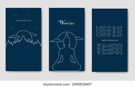 Happy Vesak Day Line Art Style With Borobudur And Buddha Portrait Template