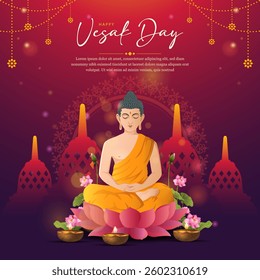 Happy Vesak Day with lord budha and temple ornament background. with gradient color concept for banner, greeting card, cover. vector illustration eps 10
