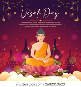 Happy Vesak Day with lord budha and temple background. with gradient color concept for banner, greeting card, cover. vector illustration eps 10