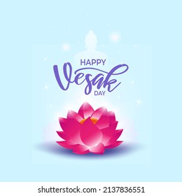 Happy Vesak Day mit Lotus und Buddha-Silhouette auf blauem Hintergrund, Vektorgrafik