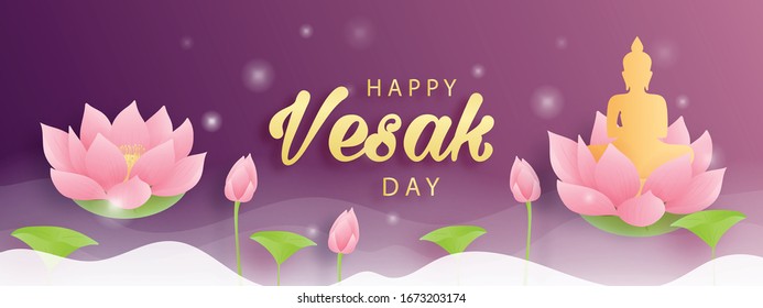 Happy Vesak day. Paper cut style vector illustration. 