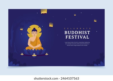 Happy Vesak day with Siddhartha Gautama statue in meditation, Happy Buddha day greeting card, Banner design celebrate of Buddhist festivals. Vector illustration