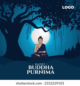 Happy Vesak Day, Siddhartha Gautama, Illustration eines Buddha, der unter einem Bodhi-Baum sitzt, Buddha Purnimas kreatives Konzept, Poster in sozialen Medien, Banner oder Grußkartendesign-Vorlage