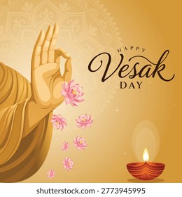 Happy Vesak Day typography background with Buddha hand, mandala, glowing oil lamp and blooming lotus for greeting cards, posters, and banners.