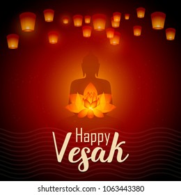 Happy Vesak day. Vector illustration greeting card. Lanterns and Lotus flower with buddhas silhouette.