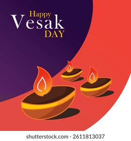 Happy Vesak Day vector illustration. Festive design with stylized oil lamps (diyas) glowing against a vibrant purple and red background. Perfect for Buddhist celebrations and greetings.