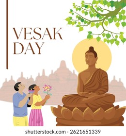 Happy Vesak Day. Vector illustration of people praying facing Buddha statue. Simple design for Buddhist celebrate, vesak day, Buddha's birthday. Religious Ceremony around Borobudur temple