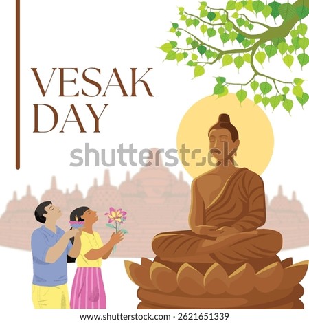 Happy Vesak Day. Vector illustration of people praying facing Buddha statue. Simple design for Buddhist celebrate, vesak day, Buddha's birthday. Religious Ceremony around Borobudur temple