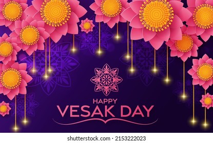 Happy Vesak Day Wishes Cards With Lotus Flowers flat design.