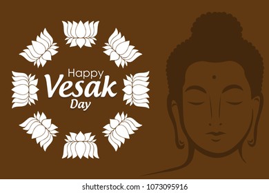 Happy Vesak Day wishes greetings with buddha and lotus illustration. Can be used for poster, banner, logo, background, greetings, print design, festive elements, symbols, icons and objects. 