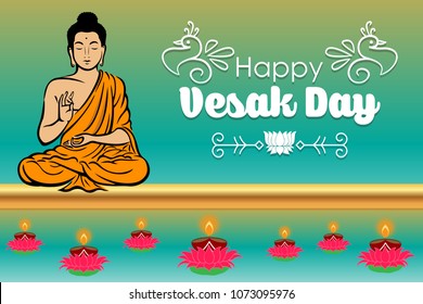 Happy Vesak Day wishes greetings with buddha and lotus illustration. Can be used for poster, banner, logo, background, greetings, print design, festive elements, symbols, icons and objects. 