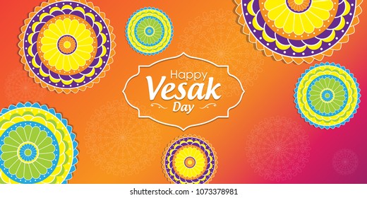 Happy Vesak Day wishes greetings with buddha and lotus illustration. Can be used for poster, banner, logo, background, greetings, print design, festive elements, symbols, icons and objects.