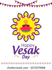 Happy Vesak Day wishes greetings with buddha and lotus illustration. Can be used for poster, banner, logo, background, greetings, print design, festive elements, symbols, icons and objects.