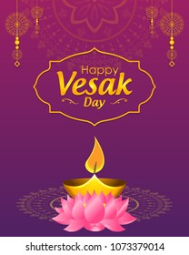 Happy Vesak Day wishes greetings with buddha and lotus illustration. Can be used for poster, banner, logo, background, greetings, print design, festive elements, symbols, icons and objects.