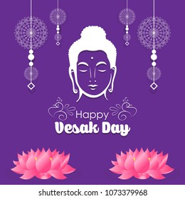 Happy Vesak Day wishes greetings with buddha and lotus illustration. Can be used for poster, banner, logo, background, greetings, print design, festive elements, symbols, icons and objects.