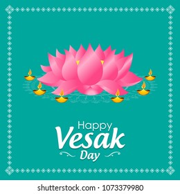 Happy Vesak Day wishes greetings with buddha and lotus illustration. Can be used for poster, banner, logo, background, greetings, print design, festive elements, symbols, icons and objects.