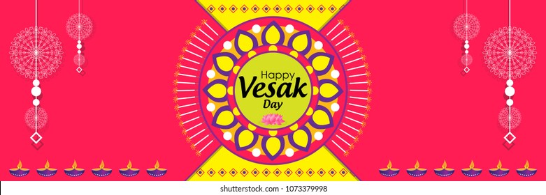 Happy Vesak Day wishes greetings with buddha and lotus illustration. Can be used for poster, banner, logo, background, greetings, print design, festive elements, symbols, icons and objects.