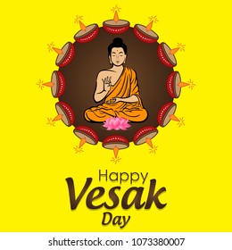 Happy Vesak Day wishes greetings with buddha and lotus illustration. Can be used for poster, banner, logo, background, greetings, print design, festive elements, symbols, icons and objects.
