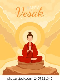 Happy vesak day. Woman in red clothes meditates. Vesak concept for card or banner or concept of meditation, yoga. Yellow and orange background, sunset or sunrise. 