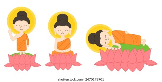 Happy vesak day.Buddha birth, enlighten and nirvana with lotus.Purnima.Religion and culture.Buddhist and Buddhism.Makha, Visakha and Asarnha Bucha.Monk and temple.Cartoon vector illustration.