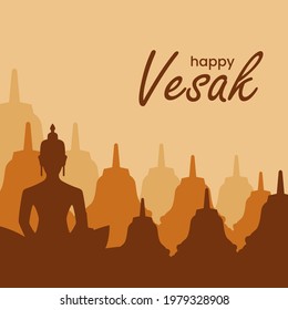 Happy Vesak Landscape Background. temple silhouette decoration for greeting card 