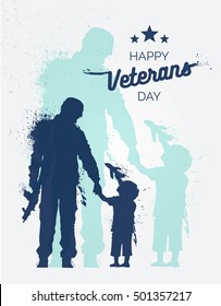 Happy Veteran Day Flyer, Banner Or Poster, Silhouette Of A Soldier Holding Little Boy Hand. Soldier Returning Home After Years Of War. Vector Illustration