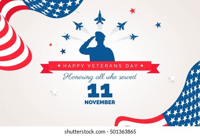 Happy Veteran Day Flyer, Banner Or Poster. Holiday Background With Waving Flags, Flying Airplanes And Soldier Silhouette Thank You, Veterans. Vector Flat Illustration