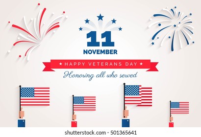 Happy Veteran Day flyer, banner or poster. Holiday background with waving flags, fireworks and text. Thank you, Veterans. Vector flat illustration