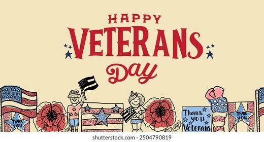 Happy Veteran Day greeting card. Hand drawn vector illustration. American patriotic holiday.