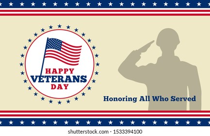 Happy Veterans badge logo poster background template design with soldier military salutation silhouette vector illustration and usa america flag decoration