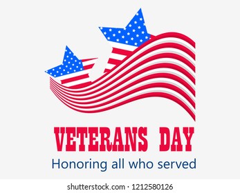 Happy Veterans Day 11th of November. Honoring all who served. Greeting card with five-pointed star with flag usa. Vector illustration