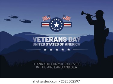 Feliz dia dos veteranos 11 de novembro de 2024 fundo conceito de celebração. Soldados americanos soprando trombetas sobre o belo vale para saudar os veteranos. Banner e modelo de dia de Veteranos exclusivos