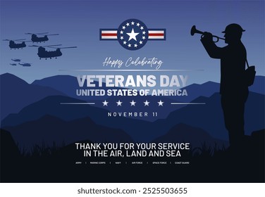 Happy Veterans Tag 11. November 2024 Feier Konzept Hintergrund. Dramatische Sicht der US-Soldat bläst Trompete über das schöne Tal, um die Veteranen zu begrüßen. Grußvorlage für Veteranentag