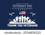 Happy Veterans Day 2024 Celebration Banner. Veterans Including US Army, US Navy and US Air Force on the Blue Stars Background. Social Media Template