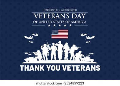 Happy Veterans Day 2024 Celebration Banner. Veterans Including US Army, US Navy and US Air Force on the Blue Stars Background. Social Media Template