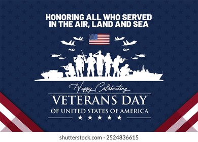 Happy Veterans Day 2024 Design Concept. Veteranen, einschließlich der US Army, der US Navy und der US Air Force auf dem Hintergrund der US-Flagge. Banner, Hintergrund, Vorlage, Gruß, Poster, Social Media Feed, Vektorgrafik