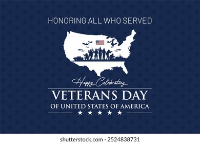 Happy Veterans Day 2024 Design Concept. US Army Veterans Silhouette on Elegant Blue Stars Background. Bst for Veterans, Hero, US Army, Independence Day. Vector Illustration