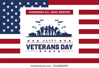 Happy Veterans Day 2024 Design Concept.  All US Army Soldiers Silhouette on the US Flag Background. Banner, Background, Template, Vector Illustration